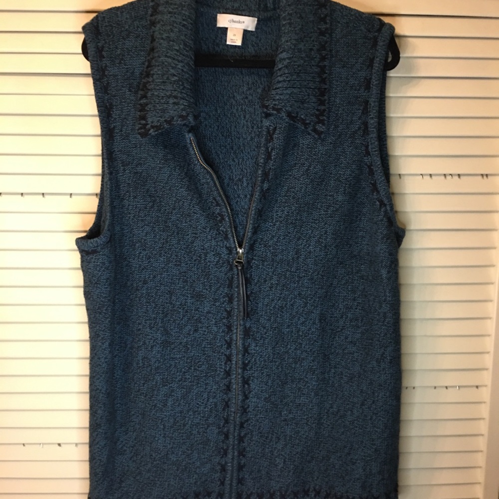 Blue green sweater vest 2X zipper black “X” border trim collar CJBanks vintage